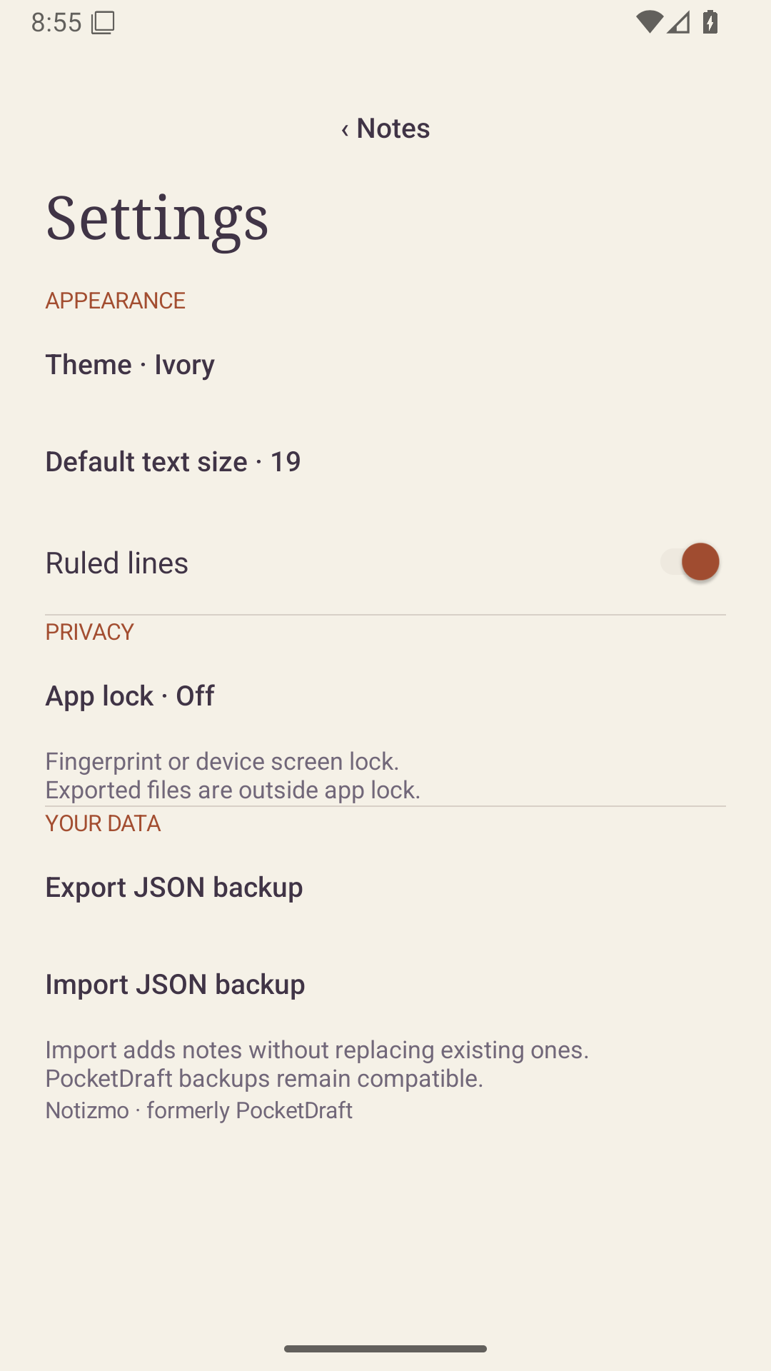 Actual Notizmo Android your settings screen